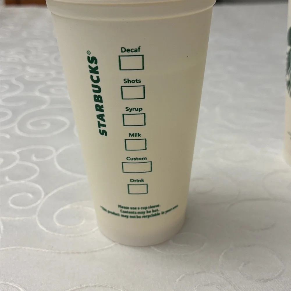 Starbucks Plastic 2012 16oz Travel Cups Cream White Green. Set of 8.